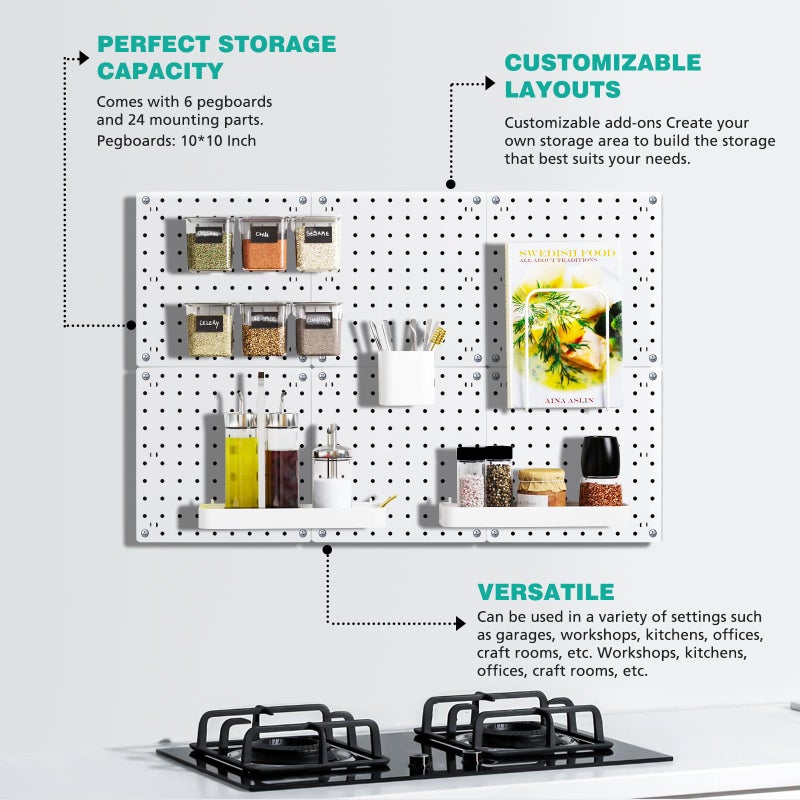 BOLUTDIF 6Pcs Peg board  Pegboard Wall Organizer Panels  Wall Mount Display Small Pegboard Kits  Pegboard  Peg Boards for Wall Craft Room  for Kitchen  Garage  Workshop  Tool Accessories - White Pegboard - Image 4